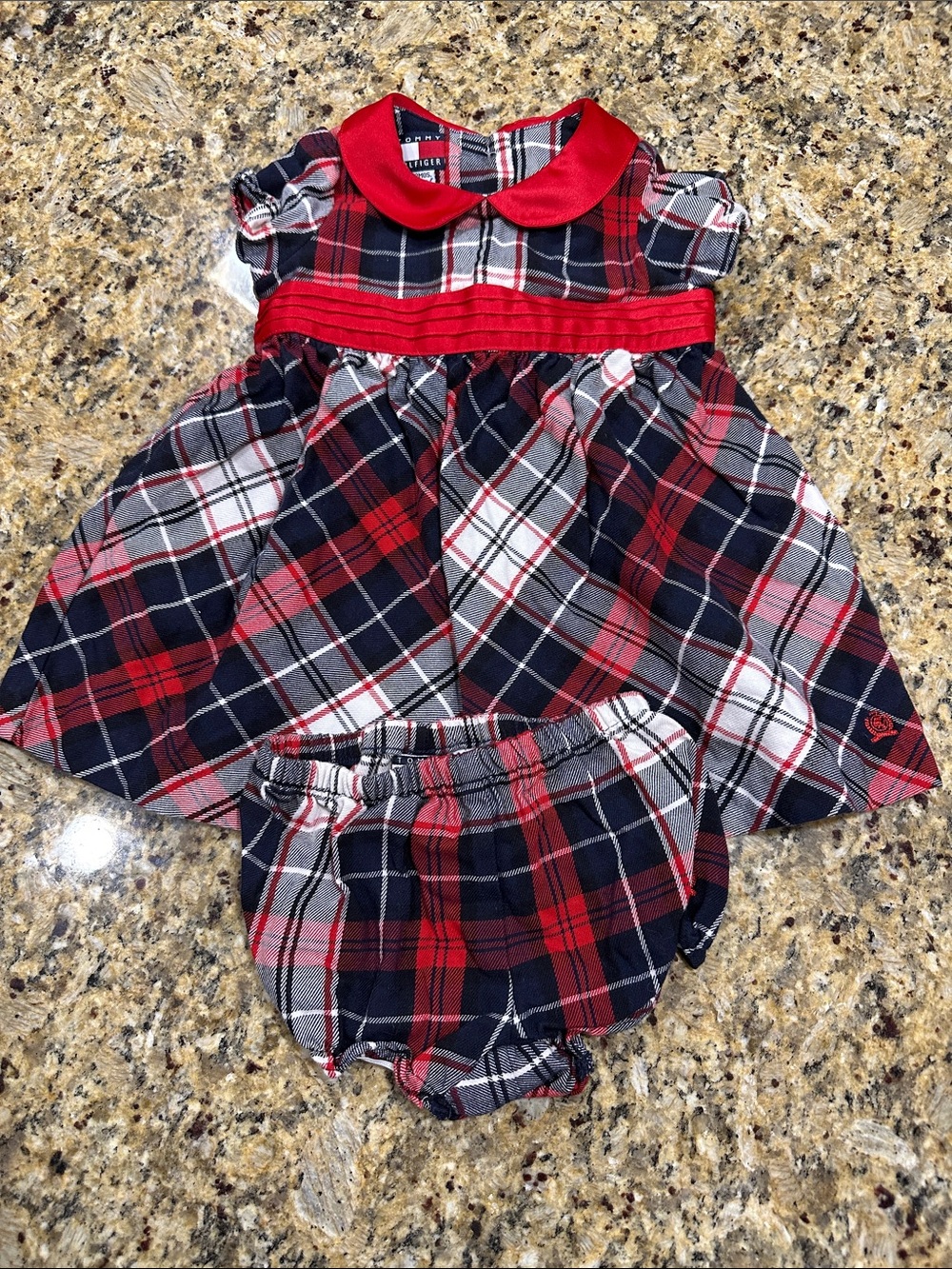 Tommy Hilfiger Red and Navy Plaid Baby Dress with Bloomers